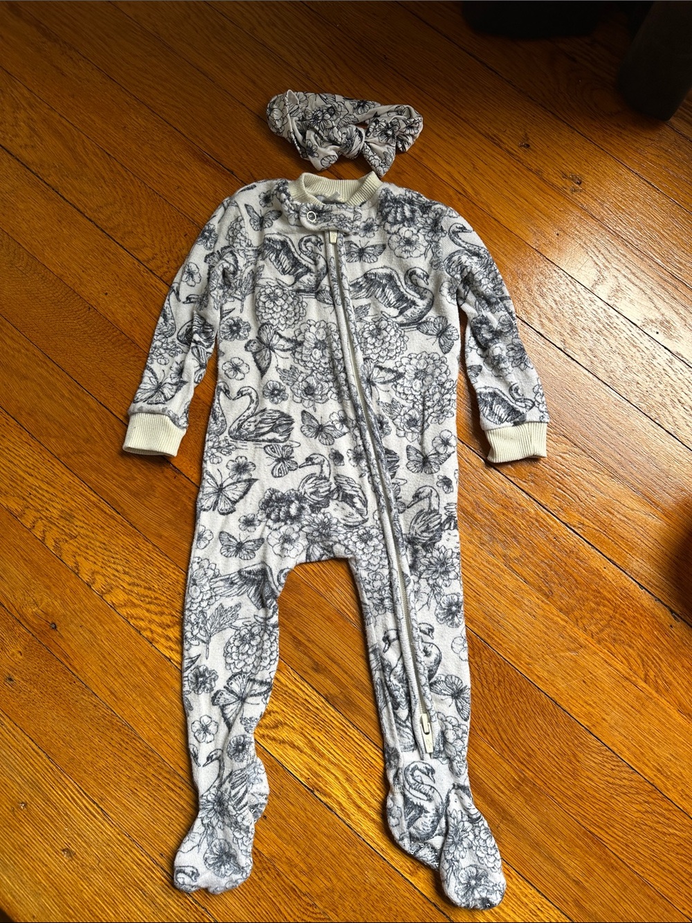 Posh Peanut White & Gray Floral Footed One-Piece